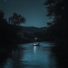 Fototapeta premium A lone couple paddle a canoe under a starry night sky, illuminated by a lantern.