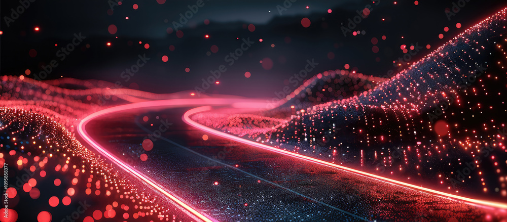 Poster a highway made of data points and glowing red lines, with the road leading to distant black mountain