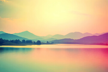 Serene landscape photograph of a tranquil lake reflecting a vibrant sunset over majestic mountains. Ideal for meditation, relaxation, and travel themes.