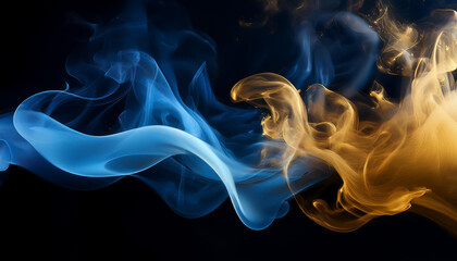 Fototapeta premium Mystical Blue and Gold Smoke on Black Background,Elegant Blue-Gold Smoke Swirls for Artistic Backgrounds, Vibrant Blue and Gold Smoke Effects for Creative Designs