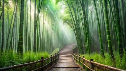 Obraz premium Serene Pathway Winding Through a Misty Bamboo Forest