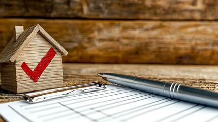 High-resolution shot of a red checkmark on a home-buying checklist, pen, and a model house next to the clipboard