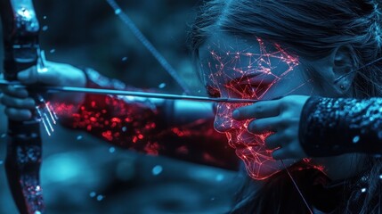 A digitally enhanced archer aiming with a bow, showcasing a blend of technology and nature.