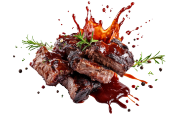 Grilled Ribs meat splashed with barbecue sauce and garnished with herbs isolated on background.