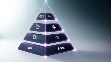 Illustrative pyramid diagram with four purple boxes representing different levels, showcasing various icons related to technology and data management, creating modern and sleek visual