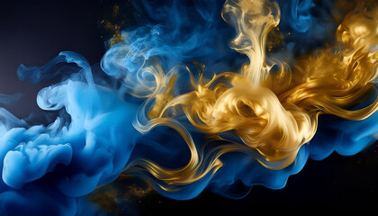 Fototapeta premium Mystical Blue and Gold Smoke on Black Background,Elegant Blue-Gold Smoke Swirls for Artistic Backgrounds, Vibrant Blue and Gold Smoke Effects for Creative Designs