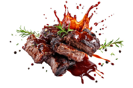 Grilled Ribs meat splashed with barbecue sauce and garnished with herbs isolated on background.