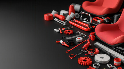 Fototapeta premium Red tools and equipment arranged with red car seats on black background, showcasing minimalist design. composition highlights various tools, emphasizing modern aesthetic