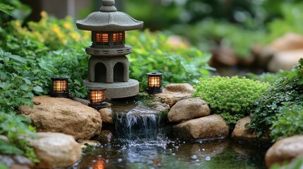 Serene Japanese Garden with Pagoda and Water Feature