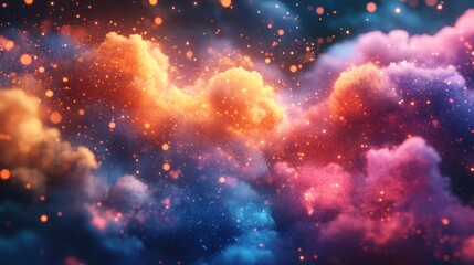 Fototapeta premium A vibrant, abstract depiction of colorful clouds and glowing particles in a cosmic atmosphere.