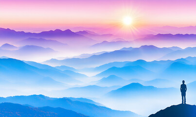 Serene sunrise over majestic, layered mountains; a solitary figure contemplates the vast, breathtaking panorama.