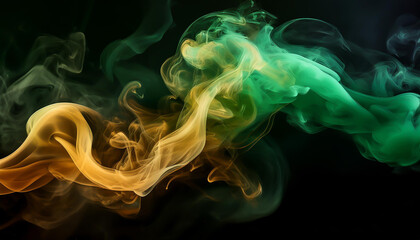Obraz premium Mystical Green and Gold Smoke on Black Background,Elegant Smoke Swirls: Green and Gold Against Dark Canvas