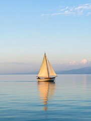 Obraz premium A small sailboat sails on a calm lake at sunset.