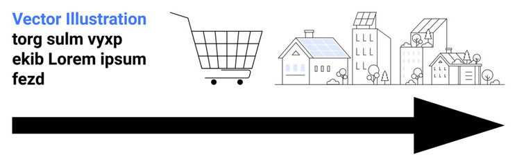Obraz premium Shopping cart moving toward houses with solar panels, representing eco-friendly consumption. Ideal for sustainability, green living, renewable energy, eco-commerce, urban planning, smart cities