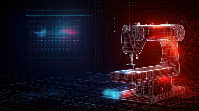 futuristic sewing machine in digital wireframe design, showcasing advanced technology and innovation. glowing elements add modern touch to concept of sewing