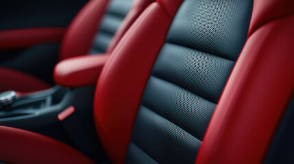 Luxurious car seats with red and black textile design, showcasing modern upholstery and comfort. intricate perforations enhance aesthetic appeal and breathability