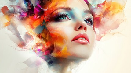 A vibrant artistic representation of a woman's face with colorful abstract elements.