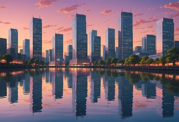 Fototapeta premium Modern skyline, twilight hues, futuristic skyscrapers, glowing lights, serene water reflection, dreamy atmosphere