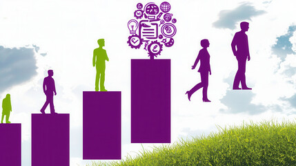 Growth and development illustrated with purple boxes and figures walking upward, symbolizing progress and innovation in vibrant landscape