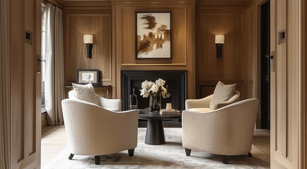 A bright traditional living room viewed from an architrave hallway. Accent wall wall made of traditional oak wood panelling. A fireplace made of black stone, modern-style black coffee table.