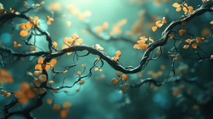 Obraz premium A serene scene of intertwined branches with glowing leaves in a mystical forest.