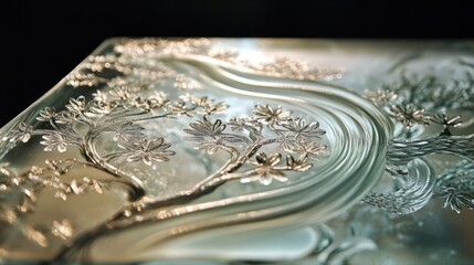 A close-up of intricately designed glass featuring floral and flowing patterns.