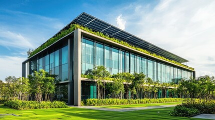 A modern, eco-friendly building with green roofs and solar panels energy efficiency and harmony with nature.