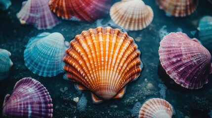 Obraz premium A vibrant assortment of seashells resting on a sandy surface, showcasing their natural beauty.