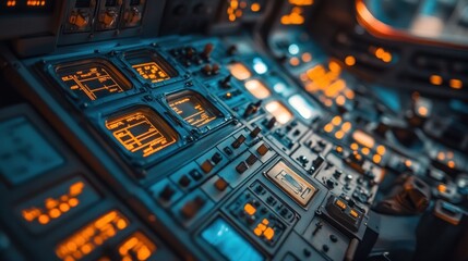 Naklejka premium A futuristic control panel with illuminated buttons and screens, designed for spacecraft operations.