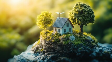 Naklejka premium A miniature eco-friendly house on a rock, surrounded by trees, symbolizing sustainability.