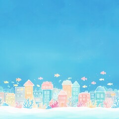Fototapeta premium Fantastic underwater village concept. Coral-reef town with colorful fish and glowing seaweed, Pastel color tone