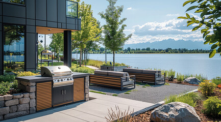 A small condo community bbq space that is surrounded by simple planting. With gavel base and a view of the lake. Small movable bbq with movable seating.