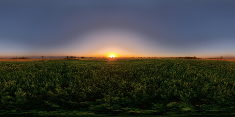 Full Spherical panorama of autumnal sunset at green agricultural field in equirectangular projection