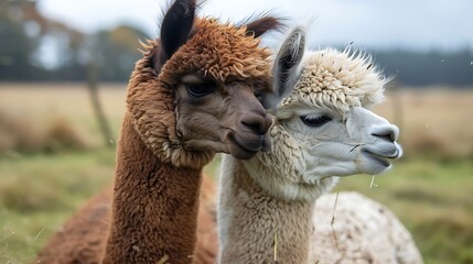 Obraz premium A pair of alpacas cuddle in a rural pasture