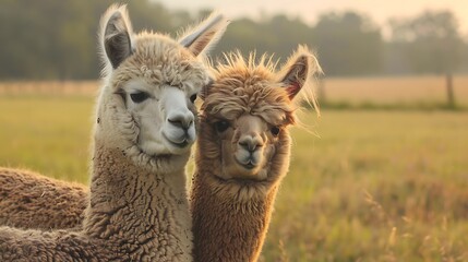 Fototapeta premium A pair of alpacas cuddle in a rural pasture