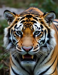 Fototapeta premium close-up look of the tiger with sharp teeth with blurred background. 