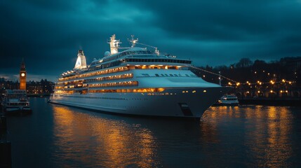 Luxurious cruise ship at night, docked in a city harbor with lights reflecting on the water.
