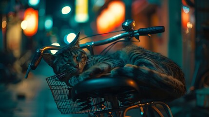 A stray cat is dozing off on a bike at dusk