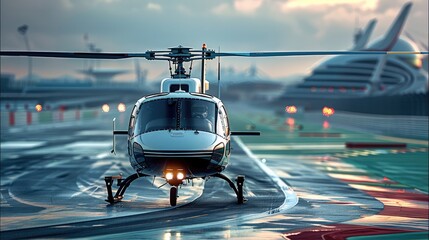 Executive helicopter, in a car race track.