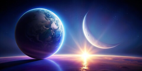 Obraz premium A celestial sunrise illuminates a vibrant planet and crescent moon, a breathtaking cosmic scene of ethereal beauty