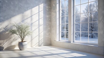 Fototapeta premium Winter Sunlight Illuminates a Minimalist Room with a Potted Plant and a View of a Snow-Covered Landscape