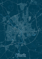 A detailed map of York, England, rendered in a minimalist style. The map features a dark blue background with white lines representing roads and waterways.