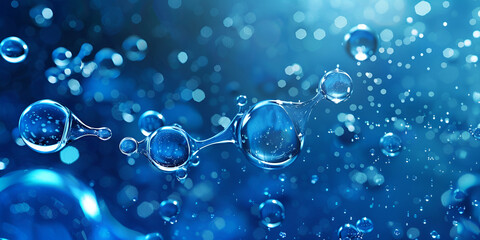 Abstract image of water molecules and floating droplets in blue tones, Scientific representation of water molecules and liquid abstraction

