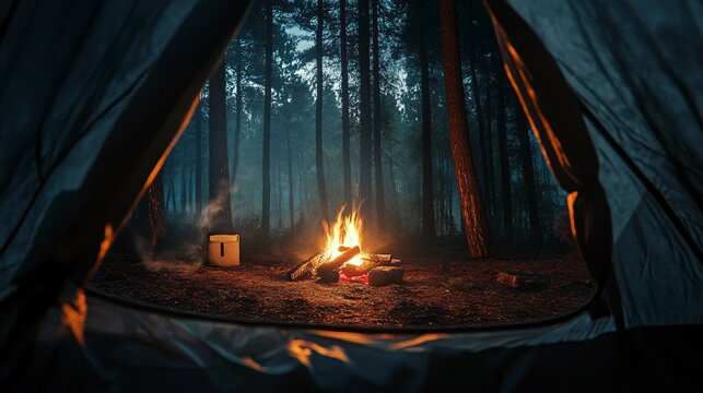 a tent at a campfire, dark ominous woods in the background, night, horror setting forest,