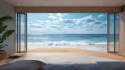 Ocean View from a Room with Glass Doors - 3D Illustration