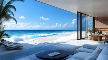 Fototapeta premium Beachfront Living Room Interior Design - 3D Illustration