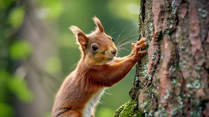 Obraz premium Adorable red squirrel on the tree her paws reaching out to grab what she wants most