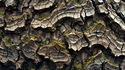A macro shot of tree bark, showing deep grooves and textures with patches of moss.