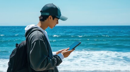 Side view of a man using a tablet by the ocean