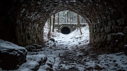 Snow-covered pathway through a stone tunnel in a forest